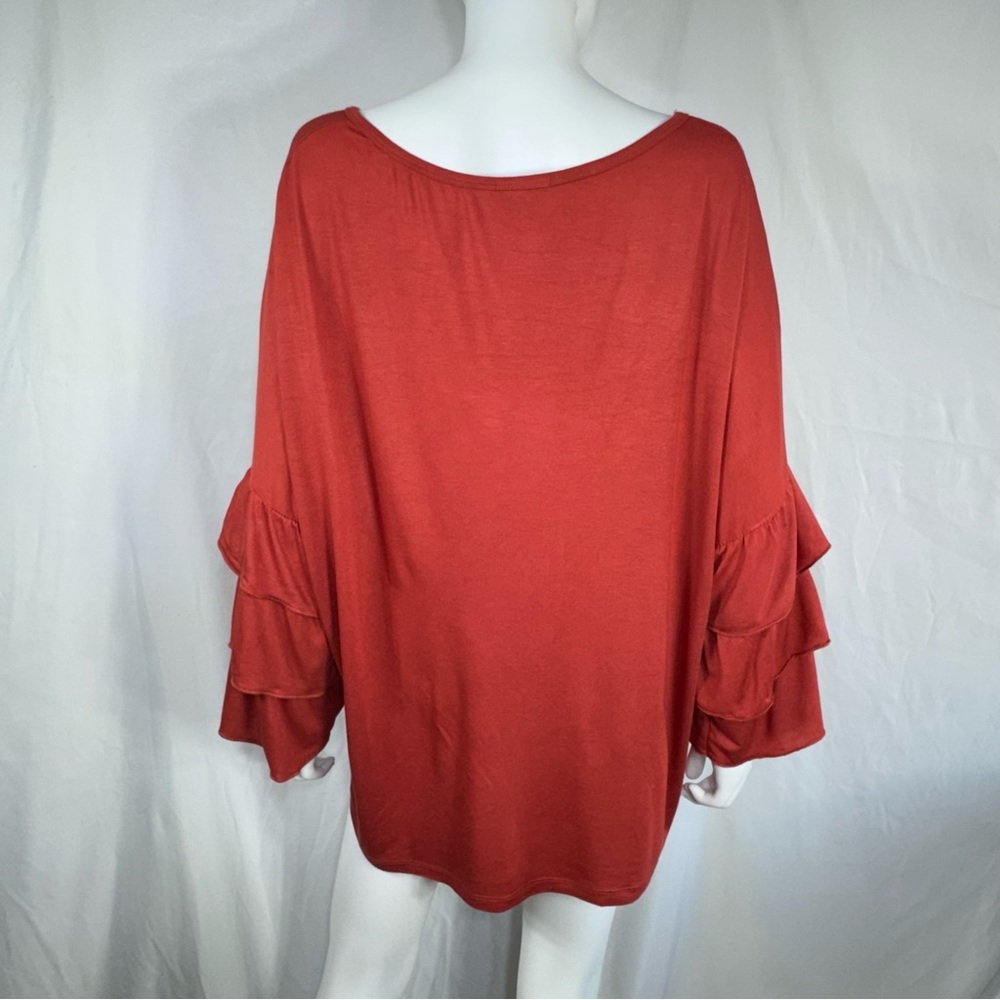 Rouge Collection Rust Colored Ruffles Bell Sleeve Top - Picture 3 of 6